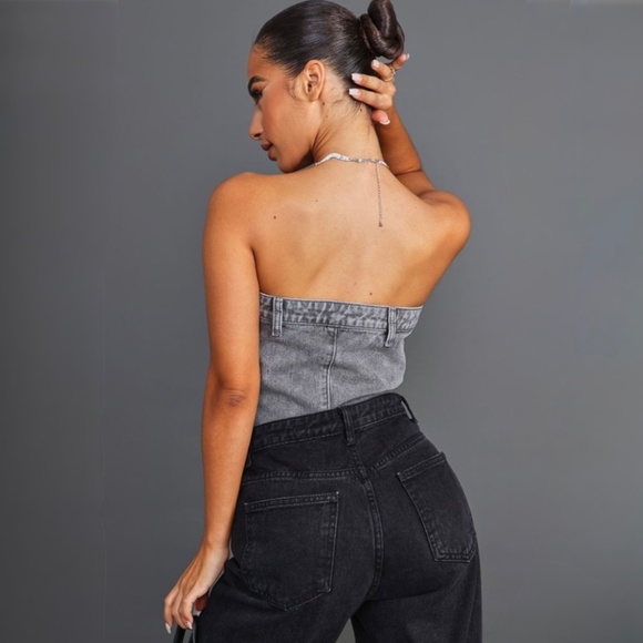 1114 NWT PrettyLittleThing Petite Grey Denim Button Corset - Size 6p - Picture 6 of 11
